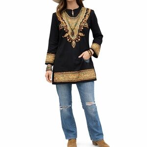 Kurta Top Womens S Black Embroidery Tunic Ethnic Cultural Moroccan Nomad Boho